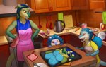 2023 annoyed anthro apron aunt_(lore) aunt_and_niece_(lore) baking_tray biped blonde_hair blue_body blue_hair clothing digital_media_(artwork) dragon fangs female green_body green_hair group hair handwear horn inside joyce_(totesfleisch8) kitchen kitchen_utensils multicolored_hair mythological_creature mythological_scalie mythology niece_(lore) oven_mitts pink_apron pink_clothing red_eyes scalie sink tail teeth tools totesfleisch8 trio white_body yellow_sclera young young_anthro young_female