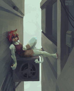 air_conditioner barefoot bottomwear breasts cheek_tuft chubby_cheeks claws clothing colored_nails detailed_background ear_tuft facial_tuft feet female fur hair light_body light_skin long_tail looking_at_viewer lying nails outside pointy_ears pouting red_hair shirt shorts sitting solo tail tank_top toe_claws topwear tuft white_body white_fur wiring pavanz catarina_(pavanz) animal_humanoid felid felid_humanoid feline feline_humanoid humanoid mammal mammal_humanoid absurd_res hi_res