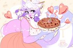 :3 abstract_background accessory anthro apple_pie blush blush_lines breasts claws cleavage clothed clothing detailed_food dress eyelashes fangs female food fur furgonomics gradient_fur hair hair_bun handpaw heart_symbol holding_food holding_object holding_pie jewelry leaf open_mouth open_smile pastry paws pie planet sabertooth_(anatomy) smile solo sparkles sparkling_body sparkling_fur star tail tail_accessory tail_jewelry teeth ferwanwan felid mammal 2023 detailed pastel_theme watermark