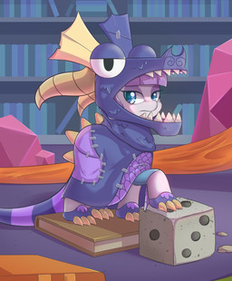 book clothing costume d6 dice dragon_costume female hair inside library purple_hair rock solo teal_eyes tikrs007_(bgstudio) friendship_is_magic hasbro my_little_pony maud_pie_(mlp) earth_pony equid equine horse mammal pony 2017 hi_res