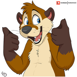 anthro arm_tuft blue_eyes brown_body brown_fur cheek_tuft chest_tuft elbow_tuft facial_tuft fangs front_view fur gesture glistening glistening_eyes grey_nose hand_gesture head_tuft logo male male_anthro membrane_(anatomy) nude open_mouth open_smile patreon_logo red_tongue simple_background smile solo tan_body tan_fur teeth thumbs_up tongue tuft webbed_hands white_background pandapaco patreon mammal mustelid otter 1:1 artist_logo signature