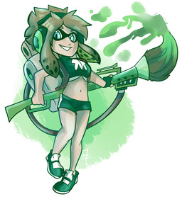 4_fingers alternate_species blue_eyes bottomwear breasts brown_eyebrows brown_hair brush clothed clothed_female clothed_humanoid clothing crop_top electronics eyebrows female female_humanoid fingerless_gloves fingers flamethrower footwear fully_clothed fully_clothed_female fully_clothed_humanoid gloves green_bottomwear green_clothing green_crop_top green_fingerless_gloves green_footwear green_gloves green_handwear green_headphones green_hotpants green_shirt green_shoes green_shorts green_topwear hair handwear headphones holding_flamethrower holding_object holding_ranged_weapon holding_weapon hotpants light logo medium_breasts medium_hair midriff multicolored_hair navel open_mouth open_smile paintbrush pseudo_hair ranged_weapon shirt shoes shorts simple_background slim_female slim_humanoid smile smiling_at_viewer solo tan_body tan_skin tentacle_hair tentacles topwear weapon white_background white_mouth gaelfox nintendo splatoon fan_character gael_(gaelfox) aquatic cephalopod humanoid inkling mollusk 2015 artist_logo colored digital_drawing_(artwork) digital_media_(artwork) english_description full-length_portrait lighting portrait shaded