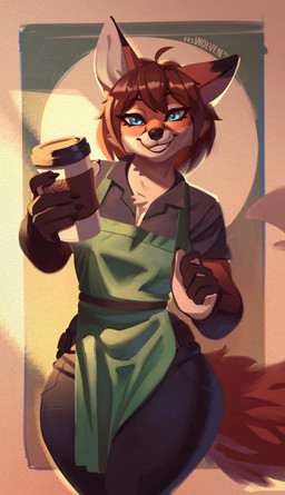 anthro apron barista belt black_bottomwear black_clothing black_ear_tips black_markings black_pants black_polo_shirt bottomwear breasts claws clothing coffee_cup collared_shirt container countershading cup dipstick_ears ear_markings female finger_claws fluffy fluffy_tail fur gloves_(marking) holding_container holding_cup holding_object markings multicolored_ears orange_body orange_fur pants polo_shirt shirt solo tail toothy_smile topwear white_body white_fur wide_hips itswolven vivian_verdigris canid canine fox mammal red_fox true_fox hi_res