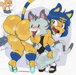 animal_crossing ankha_(animal_crossing) anthro anus big_breasts big_butt black_eyes blue_eyes blue_hair blush bodily_fluids bottomwear breasts bulge butt clothing crouching domestic_cat erection erection_under_clothing felid feline felis female footwear genitals grey_body group hair hi_res high_heels lolly_(animal_crossing) male mammal markings nintendo one-piece_swimsuit open_mouth purple_yoshi_draws pussy rodent sciurid shirt shorts sling_bikini striped_markings striped_tail stripes sweat sweaty_butt swimwear tail tail_markings tan_body tank_top thick_thighs tongue tongue_out topwear tree_squirrel trio yellow_body
