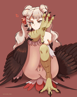 angry_eyebrows anus areola avian_feet avian_hands black_claws braided_hair breasts brown_body brown_feathers brown_hands butt claws clitoral_hood clitoris cross-popping_vein detailed_vulva feathered_wings feathers feet female finger_claws foot_focus genitals hair hair_bun innie_vulva long_hair looking_at_viewer medium_breasts nipples nude nude_female nude_humanoid orange_eyes pink_background pose pouting simple_background solo tail tail_feathers talons thick_thighs toe_claws toes vulva white_hair wings yellow_feet yellow_legs unreal_fish european_mythology greek_mythology mythology accipitrid accipitriform animal_humanoid avian avian_humanoid bird eagle harpy harpy_eagle harpy_humanoid humanoid mythological_avian mythological_creature 2026 absurd_res colored digital_drawing_(artwork) digital_media_(artwork) hi_res pinup