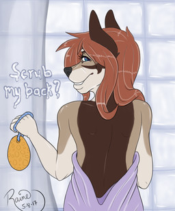 anthro bare_back female grin hair long_hair shower smile soap solo sponge suggestive towel miss_rain khemara canid canine mammal mixed_breed northern_inuit_dog