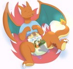 anthro bodily_fluids claws clothed clothing diaper disembodied_hand fire flaming_tail genital_fluids ghost_hand group looking_pleasured male shirt solo_focus t-shirt tail toe_claws tongue tongue_out topwear unclean_diaper urine used_diaper wearing_diaper wet_diaper wetting wings fennecat nintendo pokemon charizard generation_1_pokemon pokemon_(species) absurd_res hi_res watermark