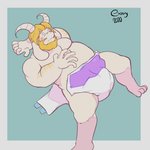 abstract_background anthro beard blonde_hair clean_diaper clothed clothing diaper facial_hair hair horn long_ears lying male on_back open_diaper overweight overweight_anthro overweight_male putting_on_diaper solo topless topless_male wearing_diaper extry undertale undertale_(series) asgore_dreemurr boss_monster_(undertale) bovid caprine mammal 1:1 hi_res signature