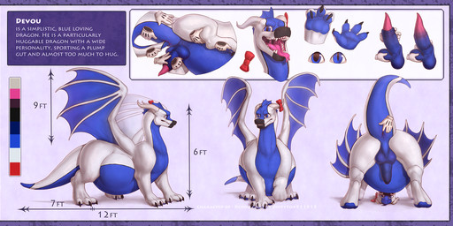 3_toes 4_fingers ambiguous_gender anal anal_penetration ball_fondling balls belly big_belly blue_belly butt digitigrade feet feral fingers fondling frill_(anatomy) genitals hand_on_leg hand_on_penis hand_on_tail hand_on_thigh horn male male/ambiguous male_penetrated membrane_(anatomy) membranous_wings penetration penis presenting presenting_hindquarters solo tail tail_fetish tail_in_ass tail_insertion tail_play teeth text toes tongue tongue_out white_body wings dirtyfox911911 european_mythology mythology devou dragon mythological_creature mythological_scalie scalie western_dragon english_text hi_res model_sheet multiple_images