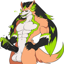 abs anthro balls claws demon_eyes ear_tuff fangs fur genitals green_body green_eyes green_fangs green_fur green_highlights green_nose highlights_(coloring) horn looking_at_viewer male muscular muscular_anthro muscular_male nude nude_anthro orange_body orange_fur pecs penis solo tail teeth white_body white_fur flanco egyptian_mythology middle_eastern_mythology mythology vitrolic deity demon humanoid hi_res