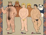 alternate_species anthro arm_hair ball_size_difference balls beard belly_hair black_body black_eyebrows black_eyes black_fur black_hair black_pubes blonde_eyebrows blonde_hair blonde_pubes body_hair border brown_beard brown_body brown_eyebrows brown_eyes brown_facial_hair brown_fur brown_hair brown_pubes chest_hair circlet crown dagger eye_contact eyebrows facial_hair facial_markings flaccid forearm_hair forearms foreskin fur gem genitals group hair hairy_legs happy_trail head_markings headgear holding_dagger holding_melee_weapon holding_object holding_sword holding_weapon humanized king leg_hair lineup long_foreskin long_hair looking_aside looking_at_another male markings medieval melee_weapon missing_tooth nipples overweight overweight_male pecs penis pubes realistic_penis_size reverse_grip rogue royalty shoulder_hair side_by_side simple_background slightly_chubby small_balls small_penis smile standing sword teeth teeth_showing text textured_background tooth_gap unretracted_foreskin wavy_hair weapon white_body white_fur yellow_eyes quasarbearcat king_regulus prince_orion sun_chao bear brown_bear giant_panda human mammal ursine 4:3 absurd_res hi_res