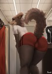 anthro butt butt_focus clothed clothing detailed_background eyebrows eyelashes female fur inside looking_at_viewer open_mouth raised_tail rear_view solo tail wig foxovh beastars juno_(beastars) canid canine canis mammal wolf 2021 digital_media_(artwork) hi_res shaded