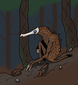 ambiguous_gender anthro back_spikes biped black_body black_fur black_tail blue_eyes bodily_fluids bone brown_body brown_fur brown_tail claws crying forest fur hooves markings mask plant rock roots sitting skull solo spikes spikes_(anatomy) spots spotted_markings tail tan_body tan_fur tears tree squablodecomplash cryptid monster 2020