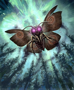 ambiguous_gender antennae_(anatomy) arthropod_abdomen compound_eyes exoskeleton feral flying insect_wings lepidopteran_wings looking_at_viewer low-angle_view outside plant purple_eyes solo spread_wings tree wings chris_seaman fallout hasbro magic:_the_gathering microsoft wizards_of_the_coast mothman wise_mothman_(fallout) arthropod insect lepidopteran moth official_art