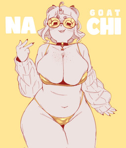 barely_contained barely_contained_breasts bikini breasts camel_toe choker clothed clothing ears_aside ext eyewear female fingers front_view glasses gold_bikini hair horizontal_pupils horn jewelry mostly_nude necklace pupils simple_background skimpy smile solo swimwear teeth two-piece_swimsuit yellow_background 111zao nachi_(111zao) animal_humanoid bovid bovid_humanoid caprine caprine_humanoid goat_humanoid humanoid mammal mammal_humanoid hi_res