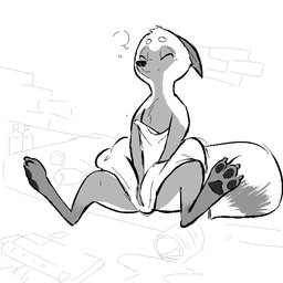 anthro bed biped container cup drunk eyes_closed female fur furniture nude pawpads paws sitting solo substance_intoxication replytoanons disney zootopia fan_character patch_houston canid canine fox mammal 1:1 2017 monochrome