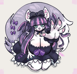 4_fingers accessory anthro bell bell_collar big_breasts breasts cleavage clothed clothing collar dress female fingerpads fingers furgonomics green_eyes hair kneeling looking_at_viewer open_mouth pawpads purple_clothing purple_dress purple_hair ribbons simple_background smile solo tail tail_accessory tail_ribbon white_body savielle mammal 2026 digital_media_(artwork) hi_res