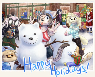 beverage braces christmas_clothing clothing coffee day eyewear female gesture glasses group hand_gesture holidays looking_at_another looking_at_object looking_at_viewer making_snowman male outside sitting smile snow snowball snowing snowman snowy_(chamma_retsuden) sweater tongue tongue_out topwear v_sign masteroflasagna christmas mythology abby_(canisfidelis) daphne_(horemheb) eliza_(canisfidelis) feta_(chamma_retsuden) bear bovid canid canine canis caprine cobra deer domestic_dog dragon eastern_dragon felid feline giant_panda goat mammal mephitid mythological_creature mythological_scalie new_world_deer pantherine poodle reindeer reptile scalie skunk snake snow_leopard wolf hi_res