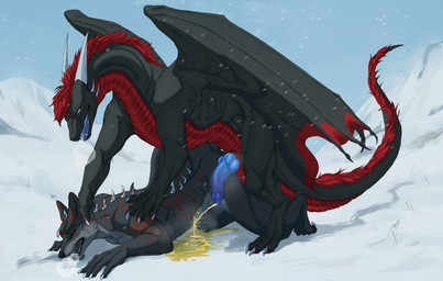 anthro bodily_fluids claws dominant duo fantasy feral genital_fluids genitals golden_shower horn male male/male peeing penis snow submissive teeth urine watersports winter owl_light mythology canid canine canis dragon mammal mythological_creature mythological_scalie scalie wolf artist_collaboration hi_res