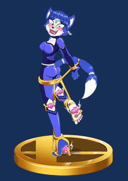 anthro bdsm blue_body blue_fur blue_hair bodily_fluids bondage bound feet female fur green_eyes hair saliva solo tears tickle_torture tickling tickling_feet tickling_legs caroo nintendo star_fox krystal_(star_fox) canid canine fox mammal hi_res