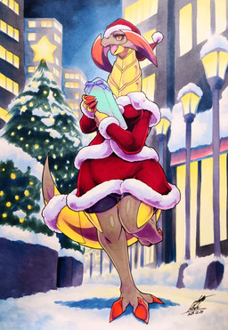 anthro blush blush_lines breasts christmas_clothing christmas_headwear christmas_tree city claws clothing eyelashes featureless_crotch female gift grey_sclera hat headgear headwear holding_object holidays looking_at_viewer multicolored_body non-mammal_breasts open_mouth plant raised_leg red_eyes santa_hat solo street_lamp tail tongue tree tusks 025aki christmas nintendo pokemon generation_5_pokemon haxorus pokemon_(species) scalie 2025 absurd_res dated hi_res signature