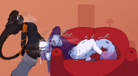 anthro black_body black_clothing black_fur black_hair black_nose black_shirt black_topwear blue_body blue_fur bodily_fluids bottomless bottomwear bottomwear_down cheek_bulge clothed clothing comic_panel cum cum_drip cum_in_mouth cum_in_throat cum_inside deep_throat dick_on_shoulder dripping duo ear_piercing ear_ring eyewear fishnet_clothing fishnet_topwear fur genital_fluids genitals glasses grabbing_neck gradient_fur gradient_tail hair head_over_edge head_tilted_back highlights_(coloring) inner_ear_fluff knot knotted_penis knotting looking_up lying male male/male markings motion_lines multicolored_body multicolored_fur on_back oral oral_knotting oral_penetration orange_body orange_fur over_edge penetration penis piercing purple_body purple_clothing purple_eyes purple_fur purple_highlights ring_piercing shirt spots spotted_body spotted_fur standing sweater sweatpants_down tank_top topwear tuft wearing_glasses white_body white_fur skodaithedog aster_(echo10281) kiku_(chamomilekiku) calico_cat domestic_cat felid feline felis mammal pantherine snow_leopard comic hi_res