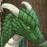 1:1 2021 curved_horn detailed detailed_scales digital_media_(artwork) dragon female feral green_body green_eyes green_scales greeny_(odisaodi) happy horn jay-kuro low_res mythological_creature mythological_scalie mythology plant raining scales scalie smile solo tree wet wet_body wet_scales white_body white_horn white_scales