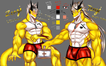 3_horns abdominal_scar abs anthro black_hair black_horn blood blush bodily_fluids briefs chest_scar chest_tattoo chin_scar claws clothing color_swatch duo facial_horn finger_claws first_aid_kit furniture grey_background hair hip_scar holding_case horn jewelry leg_scar long_hair male medical_instrument multi_horn multicolored_body multicolored_hair multicolored_scales muscular muscular_thighs neck_scar necklace nose_horn obliques on_table pecs red_briefs red_clothing red_eyes red_underwear scales scar scientific_instrument shoulder_scar simple_background sitting sitting_on_table table tail tattoo text thigh_scar two_tone_body two_tone_hair two_tone_scales underwear white_body white_hair white_scales wounded yellow_body yellow_scales zengikung mythology tengi_(zengikung) zengi_(zengikung) dragon mythological_creature mythological_scalie scalie 2019 absurd_res english_text hi_res model_sheet brother_(lore) brothers_(lore) sibling_(lore)