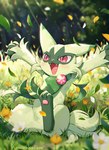 3_fingers 3_toes ambiguous_gender anthro blush claws cute_fangs fangs feet finger_claws fingers flower fur grass green_body green_fur happy kemono leaf open_mouth pawpads paws petals pink_eyes plant solo teeth toes tongue kaminokefusa nintendo pokemon floragato generation_9_pokemon pokemon_(species) 2023 digital_media_(artwork) hi_res