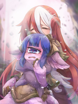 1_eye bangs blue_eyes blue_hair bodily_fluids brown_clothing brown_dress cape clothing crying dress eyes_closed female fur hair hair_between_eyes headgear headwear hug hugging_another hugging_from_behind light long_hair long_sleeves multicolored_hair open_mouth pink_body pink_fur red_hair size_difference tears white_hair hidarikata made_in_abyss pakkoyan vueko cyclops human humanoid mammal narehate hi_res