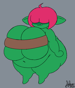 ahoge belly big_belly big_breasts breasts cute_fangs fangs female green_body hair hair_over_eyes humanoid_pointy_ears magenta_hair navel obese obese_female obese_humanoid overweight overweight_female overweight_humanoid pointy_ears smile solo teeth thick_thighs slem mallory_(slem) goblin humanoid