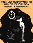 ambiguous_gender anthro bath bed beyond cardboard cosmic_background dialogue duo furniture humor long_legs mystical ouroboros simple_coloring simple_face text deedoss redd_(deedoss) avian bird canid canine canis deity fox gruiform mammal wolf english_text