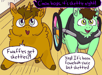 1_horn ambiguous_feral ambiguous_gender amputee baby_talk brown_body brown_fur brown_hair brown_hooves brown_horn brown_tail dialogue disability duo feral front_view fur green_body green_eyes green_fur grey_eyes hair hooves horn offscreen_character open_mouth smile speech_bubble spiral_horn tail text tire walking young young_ambiguous young_feral alpama fluffy_pony fluffy_pony_(species) mammal 2023 digital_media_(artwork) english_text hi_res shaded