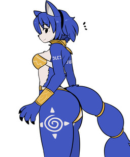 4_fingers accessory anthro arm_guards biped blue_body blue_fur blue_hair bra breasts butt claws clothing female fingers fur furgonomics hair headband jewelry looking_at_viewer markings partially_clothed_anthro partially_clothed_female ring short_hair shoulder_guards side_view simple_background snout solo standing tail tail_accessory tail_jewelry tail_ring thong underwear white_background white_body white_fur white_markings chabooey nintendo star_fox krystal_(star_fox) canid canine fox mammal digital_drawing_(artwork) digital_media_(artwork) hi_res