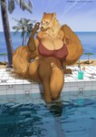 5_fingers anthro arm_support bare_shoulders beach beverage big_breasts big_tail bikini breasts brown_body brown_fur brown_nose cheek_tuft cleavage clothed clothing day detailed_background drinking_straw eyelashes eyewear facial_markings facial_tuft female fingers fur furgonomics glass glasses gloves_(marking) head_markings heart_symbol huge_breasts inner_ear_fluff leg_markings looking_at_viewer markings navel neck_tuft nipple_outline outside palm_tree partially_submerged plant raised_arm seaside shadow shirt side-tie_bikini side-tie_clothing silly_straw smile socks_(marking) solo string_bikini swimming_pool swimwear tail text thick_thighs tied_bikini tied_clothing topwear tree tuft two-piece_swimsuit umbrella water wet hi-ku maeve_(fluffcat) gulonine mammal marten mustelid musteline artist_name hi_res url