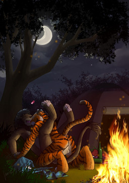 anthro anthro_on_anthro anthro_penetrated anthro_penetrating anthro_penetrating_anthro balls black_hair black_mane brown_body brown_fur campfire duo eyes_closed fur genitals hair kneeling male male/male male_penetrated male_penetrating male_penetrating_male mane markings moon night nude obscured_penetration open_mouth orange_body orange_fur outside penetration plant sex sky striped_arms striped_legs striped_markings striped_tail stripes tail tail_markings tail_tuft tent tree tuft whiskers white_balls white_body white_fur hufnaar felid lion mammal pantherine tiger hi_res