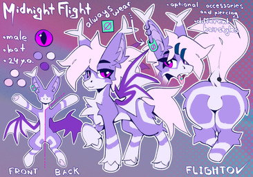 ambiguous_gender butt ear_piercing feral fur hair hooves male membrane_(anatomy) membranous_wings piercing purple_body purple_eyes purple_fur solo tail text tongue tongue_out tongue_piercing tuft wings flightov hasbro my_little_pony midnight_flight_(character) bat bat_pony equid equine horse mammal pony english_text hi_res model_sheet