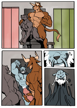 abs anthro barbel_(anatomy) caught_in_the_act doorway duo floppy_ears genitals hand_on_penis horn leaning licking licking_lips locker_room male male/male muscular muscular_arms muscular_male pecs penis smile surprised tail tail_tuft tongue tongue_out tuft trencalos binturong bovid bovine canid canine canis cattle domestic_dog goo_creature mammal viverrid comic hi_res