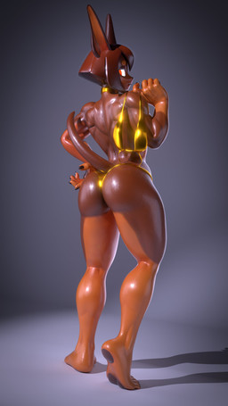 anthro big_butt bikini brown_body brown_fur brown_hair butt choker clothed clothing feet female fur gold_bikini grey_background hair holding_bikini_top jewelry looking_at_viewer looking_back looking_back_at_viewer muscular muscular_female necklace orange_body orange_eyes orange_fur pawpads rear_view short_hair simple_background solo swimwear thick_thighs topless two-piece_swimsuit wide_hips vllrukkin xaiarts_(modeler) dog_knight_rpg rory_(ceehaz) canid canine canis dobermann domestic_dog mammal pinscher 3d_(artwork) 4k 9:16 absurd_res digital_media_(artwork) hi_res