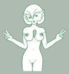 breasts double_v_sign female genitals gesture hand_gesture nipples non-mammal_nipples pussy solo standing v_sign arcnod nintendo pokemon gardevoir generation_3_pokemon pokemon_(species) green_and_white monochrome