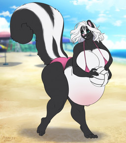 4_toes anthro beach belly bent_over big_belly big_breasts bikini black_body black_fur black_tail breasts clothed clothing day feet female fingers fur green_eyes hair huge_belly huge_breasts long_hair multicolored_body multicolored_fur outside pregnant pregnant_anthro pregnant_female seaside solo sport swimwear tail teeth toes two-piece_swimsuit two_tone_body two_tone_fur two_tone_tail volleyball white_body white_fur white_hair white_tail tiggybloom maybelline_(edwinflores428) mammal mephitid skunk 2025 hi_res signature