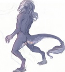 butt feathers male muscular muscular_male nude simple_background solo tail white_background lingrimm mammal sergal 2011 sketch