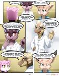 2019 claws clothed clothing collar colored comic crossgender darkmirage dialogue digital_media_(artwork) doctor ear_piercing ear_ring english_text female greeting hi_res horn nii_otter open_mouth piercing quetzalli_(character) redoxx reptile ring_piercing scalie simple_background smile text vicious_kitty zaos_(anidra)