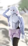 abstract_background anthro asymmetrical_coloring athletic biped black_body black_fur bottomwear clock clothed clothing fur male open_clothing open_shirt open_topwear pecs pink_bottomwear pink_clothing pink_shorts red_eyes shirt shorts solo topwear watch whiskers white_body white_clothing white_fur white_shirt white_topwear wide_hips lcb_meyneth lagomorph leporid mammal rabbit absurd_res digital_media_(artwork) hi_res portrait three-quarter_portrait