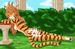 4_toes 5_fingers anthro barefoot black_body black_fur bodypaint breasts brown_hair brush bubble butt claws cloud exhibitionism eyebrows eyelashes feet female fingers fur fur_markings grass hair heart_symbol inner_ear_fluff long_hair long_tail looking_at_viewer looking_back looking_back_at_viewer lying lying_on_grass lying_on_ground marble markings nude nude_female nudist on_ground on_side one_eye_closed orange_body orange_fur outside paint paintbrush pawpads paws pillow plant playful pose public public_nudity sculpture shrub side_boob skinny sky slim smile soles solo statue striped_body striped_fur stripes tail toe_claws toes tongue tongue_out tuft white_body white_fur wink yellow_eyes xofrehpyc twokinds flora_(twokinds) felid mammal pantherine tiger hi_res