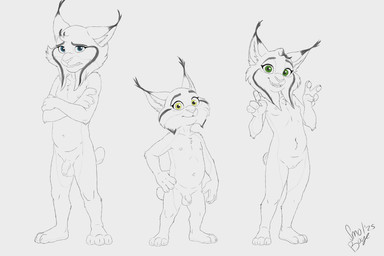 adolescent aged_down anthro balls barefoot biped breasts crossed_arms ear_tuft fangs feet female female_anthro flaccid foreskin genitals gesture green_eyes group hand_gesture hand_on_hip happy humanoid_genitalia humanoid_penis loli looking_at_viewer male male_anthro mismatched_genitalia mismatched_humanoid_penis mismatched_penis multiple_poses nipples nude nude_anthro nude_female nude_male open_mouth open_smile paws penis plantigrade pose scut_tail short_tail shota shy simple_background small_breasts smile standing tail tasteful_nudity teeth three-quarter_view trio tuft v_sign vulva white_background worried_look yellow_eyes young young_anthro young_male smol_boye disney zootopia cattrick_lynxley kitty_lynxley pawbert_lynxley canada_lynx felid feline lynx mammal 2025 3:2 absurd_res black_and_white dated digital_drawing_(artwork) digital_media_(artwork) full-length_portrait hi_res line_art monochrome portrait sketch spot_color