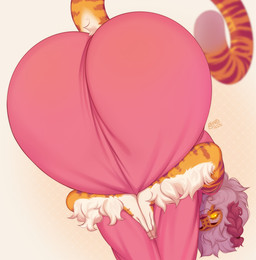 anthro big_butt biped butt clothed clothing eyelashes female fur hair huge_butt looking_at_viewer markings orange_body pink_clothing pupils simple_background smile solo striped_markings striped_tail stripes tail tail_markings white_hair yellow_eyes buxbi praise_da_booty_(meme) buxbi_(character) felid mammal pantherine tiger