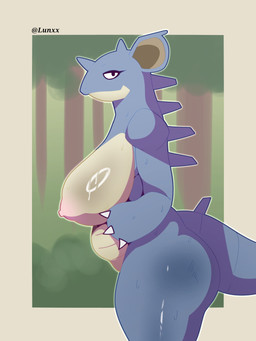 anthro big_breasts big_butt breasts butt female nude overweight solo thick_thighs wide_hips wilderness nintendo pokemon dinosaur generation_1_pokemon nidoqueen pokemon_(species) prehistoric_species reptile scalie absurd_res hi_res