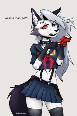 5_fingers anthro armwear black_armwear black_clothing black_elbow_gloves black_fingerless_gloves black_gloves black_handwear black_legwear black_nose black_thigh_highs blue_bottomwear blue_clothing blue_skirt bottomwear cheek_tuft clothing collar cosplay crossover_cosplay dialogue elbow_gloves eyebrow_piercing eyebrow_ring eyebrows facial_piercing facial_tuft female fingerless_gloves fingers fur gloves grey_body grey_fur grey_hair hair handwear legwear long_hair open_mouth piercing raised_eyebrows red_sclera ring_piercing simple_background skirt solo spiked_collar spikes standing stockings talking_to_self text thigh_highs tuft uniform white_background white_body white_eyes white_fur roksodraws hellaverse helluva_boss kill_la_kill mythology studio_trigger loona_(helluva_boss) canid canid_demon canine demon hellhound mammal mythological_canine mythological_creature 2023 2:3 artist_name crossover digital_media_(artwork) english_text hi_res portrait three-quarter_portrait