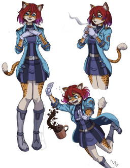 anthro belt beverage blue_clothing blue_eyes blue_jacket blue_outerwear blue_topwear bodily_fluids boots clothing coat coffee coffee_mug crying dropping_mug fangs female footwear fur gloves hair handwear jacket legwear markings red_hair shoes solo spilling_drink spots spotted_body spotted_fur tail tears teeth thigh_boots thigh_highs topwear tripping uniform white_clothing white_gloves white_handwear murchie drone_commander tabby_(drone_commander) cheetah felid feline mammal sekarri absurd_res hi_res